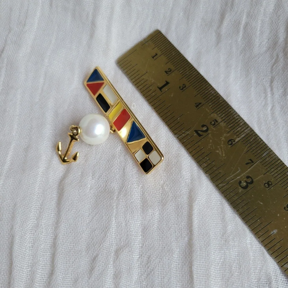 Vintage 1990s Marvella Nautical Enamel Bar Brooch Gold Pearl Anchor Pin